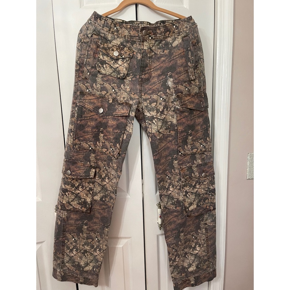 Zara Mens Camo Cargo Pants Brown Tree Bark Leaf Print Multi Pocket Size Small 30